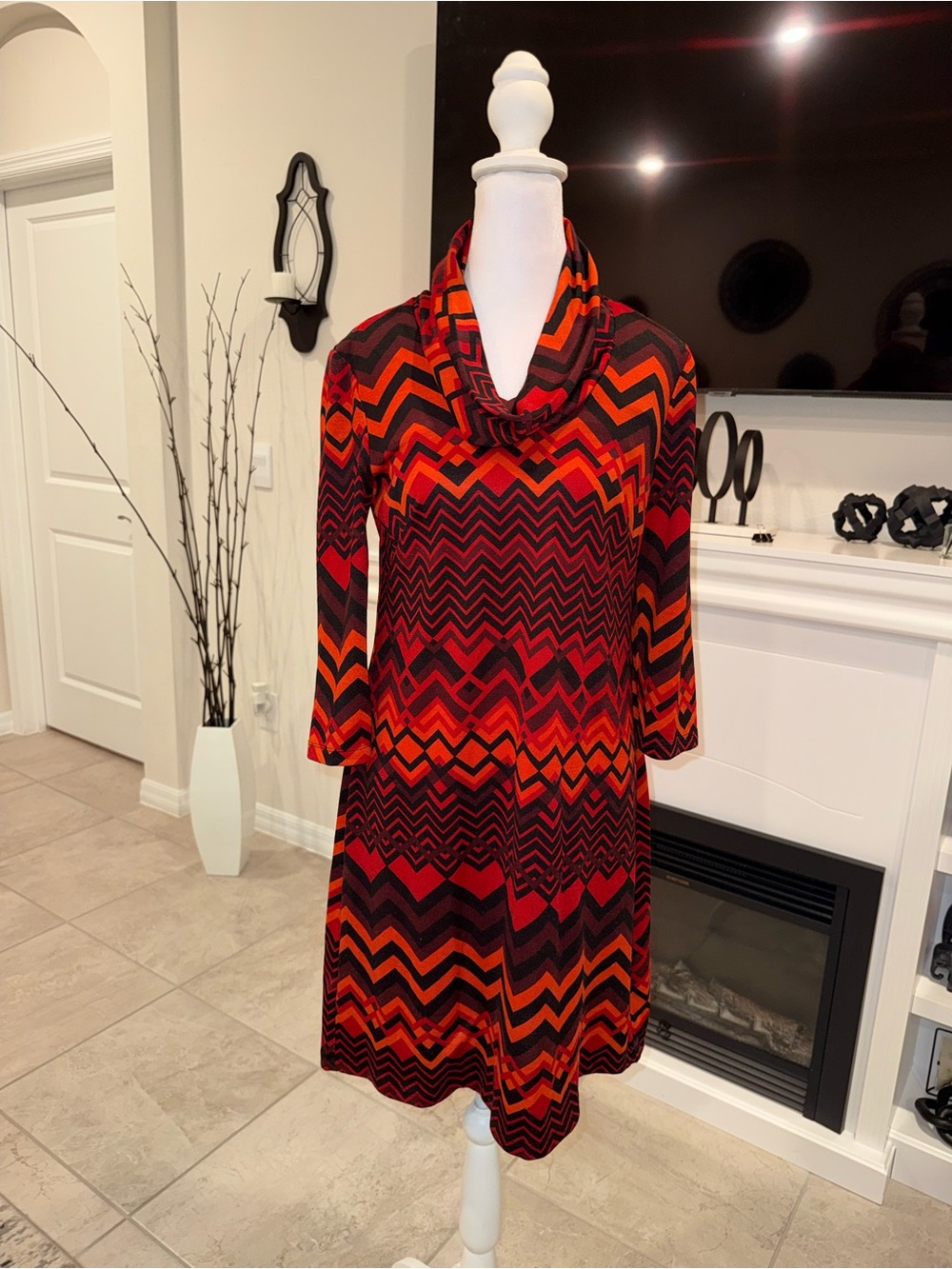 2 x 20 Chevron Cowl Neck Long Sleeve Dress in Red and Orange Size S